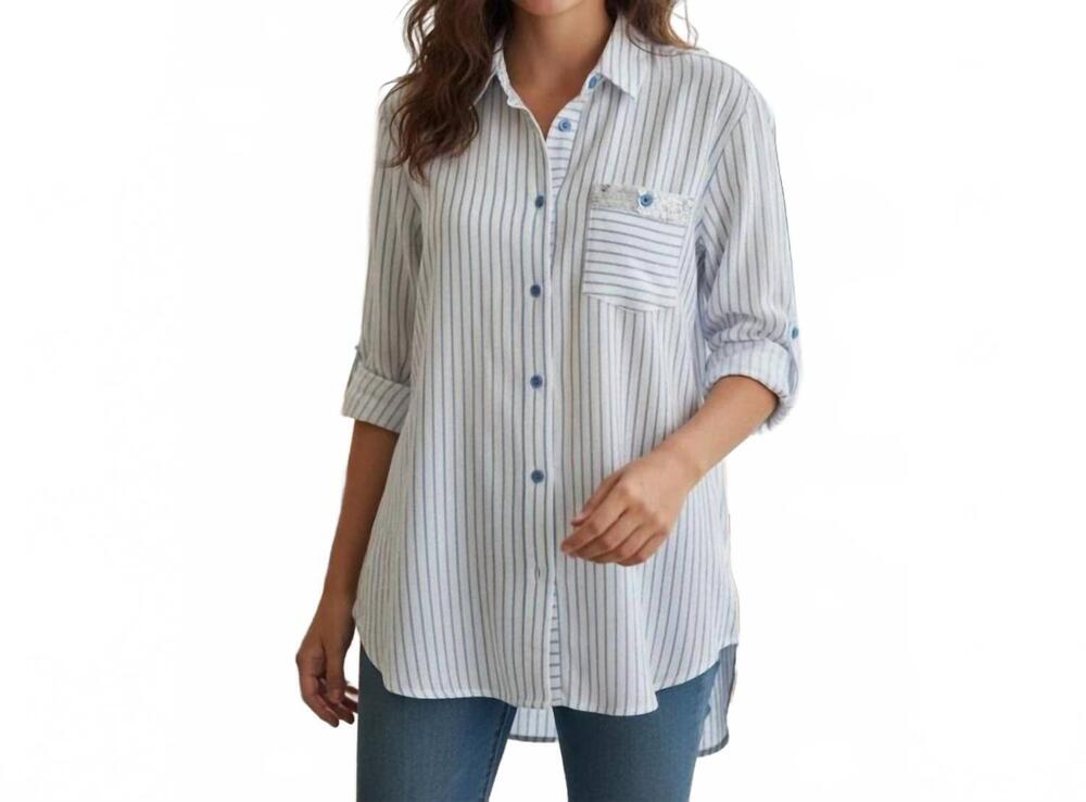 NEW MULTIPLES montego bay stripe and floral tunic top in white and turquoise